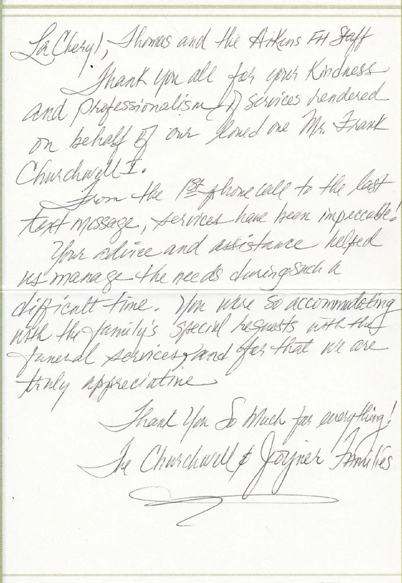 Handwritten thank-you letter from