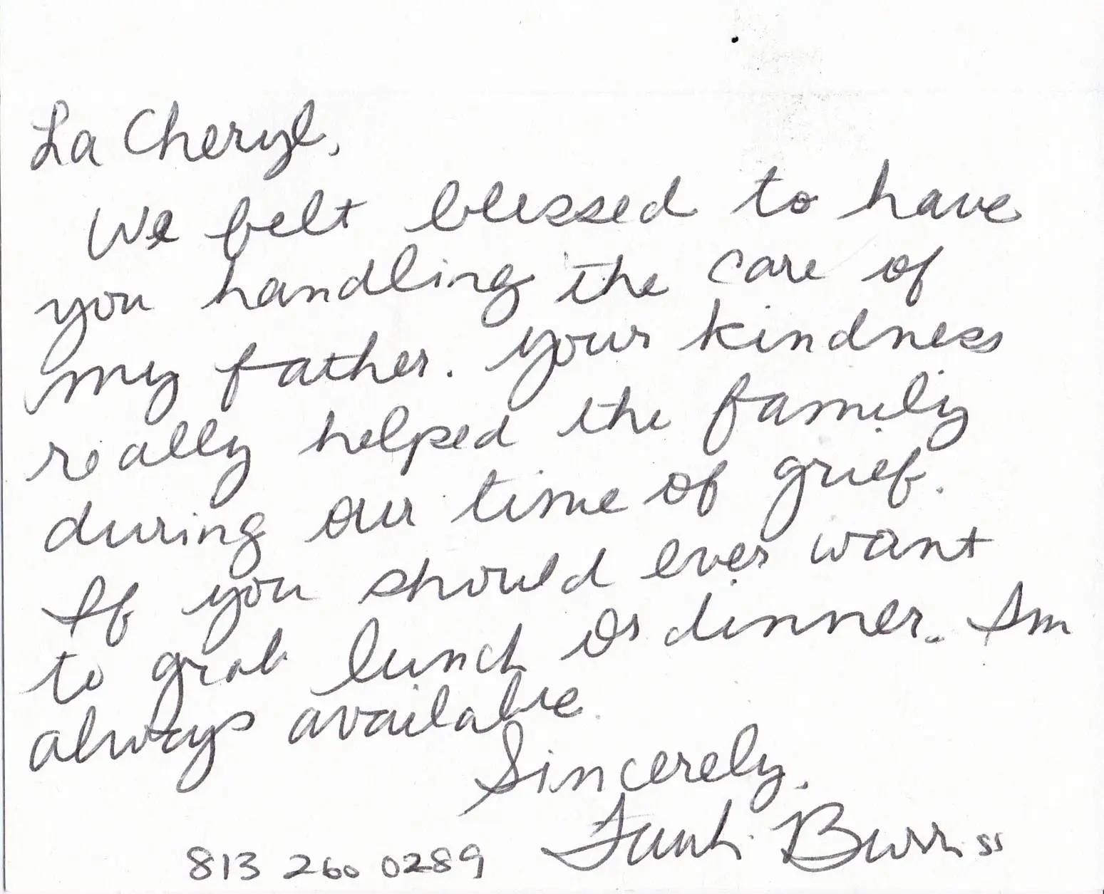 Handwritten note thanking Cheryl for caring for the author's father and offering to get lunch or dinner.