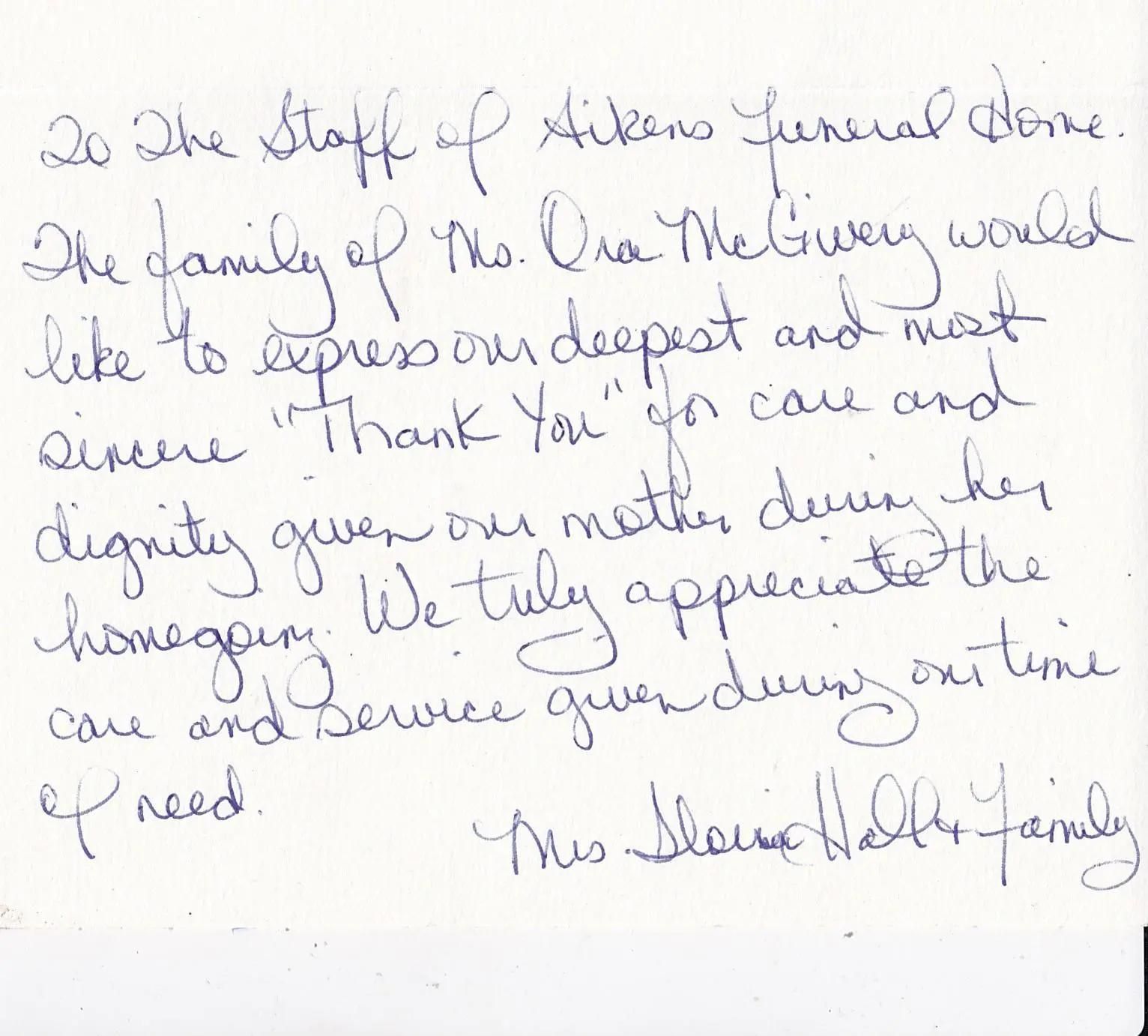 Handwritten thank you note to Aikens Funeral Home from the family of Ora McGivern, expressing gratitude for care.
