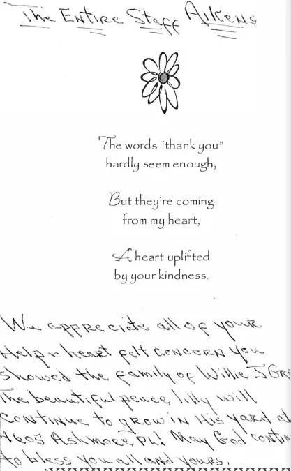 Handwritten thank you note with daisy drawing and message of gratitude.