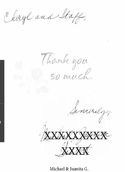 Thank you note to Cheryl and staff, signed