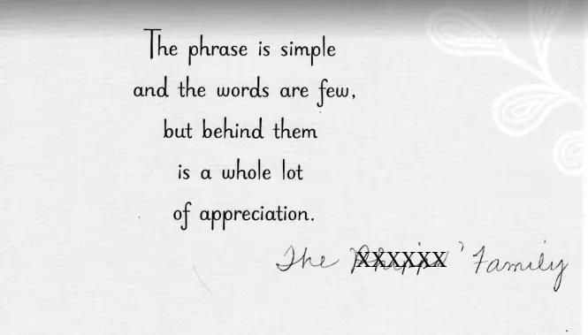 Card with handwritten text: