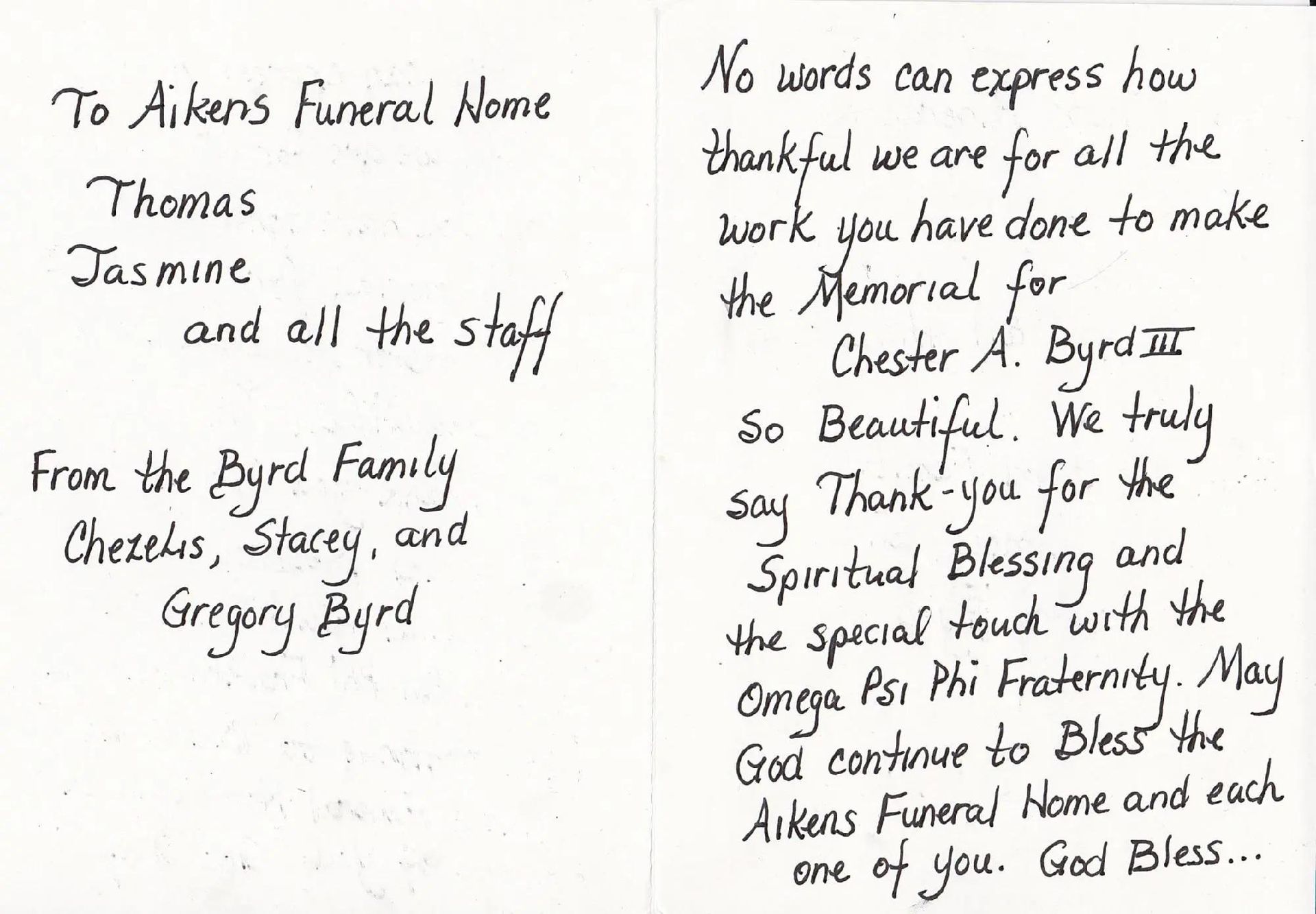 Two handwritten thank you notes to Aikens Funeral Home from the Byrd family, expressing gratitude for memorial service.