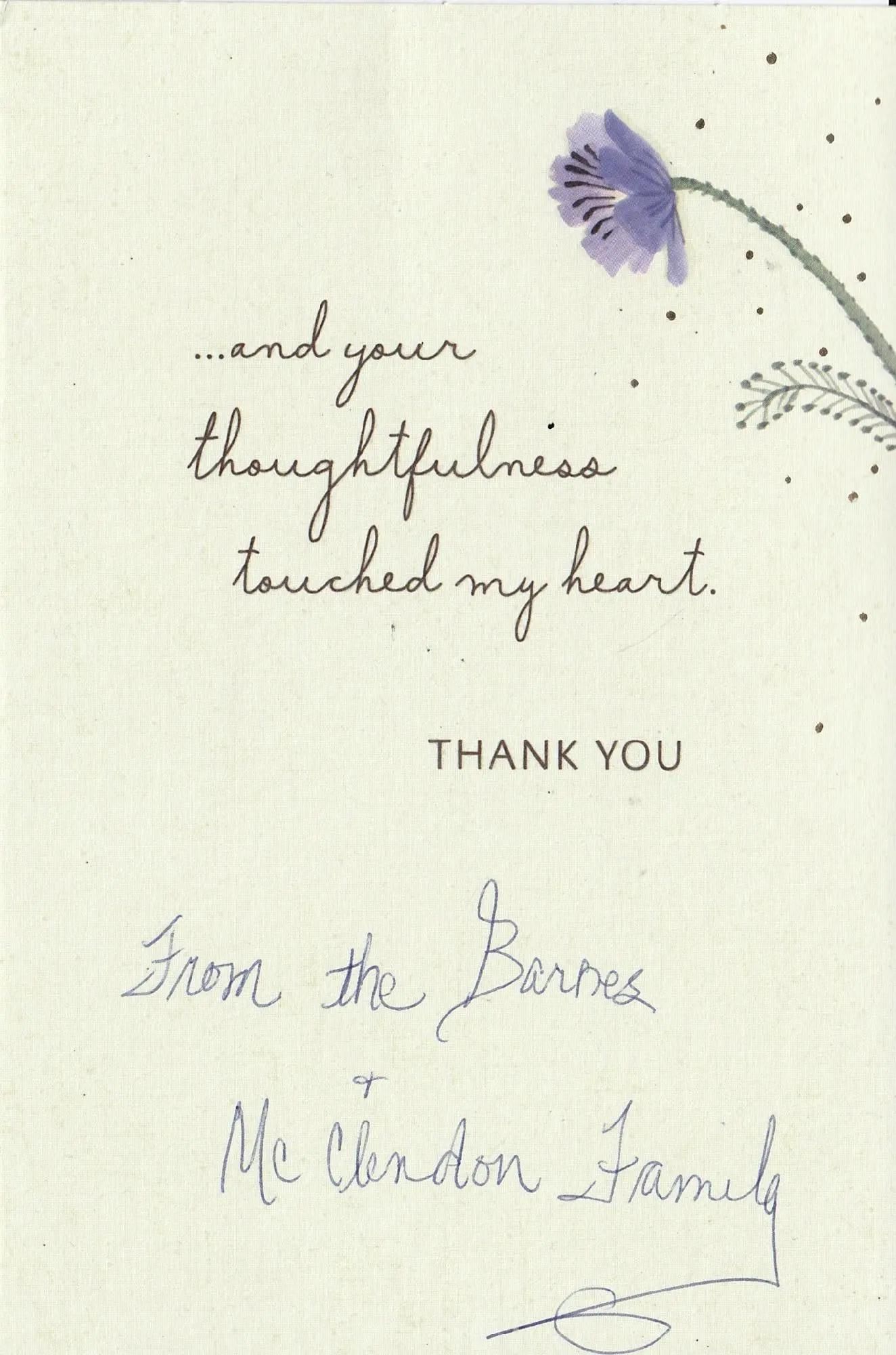 Handwritten thank you note with a purple flower illustration. Text reads: