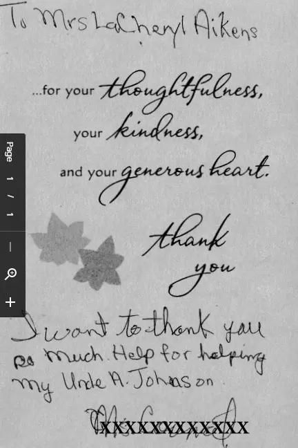 A handwritten thank you note to Mrs. Latheryl Aikens for her kindness and help, signed with an illegible signature.