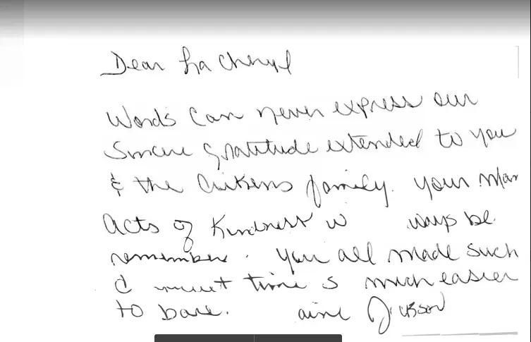 Handwritten letter to Cheryl expressing gratitude from Aine and Jason.