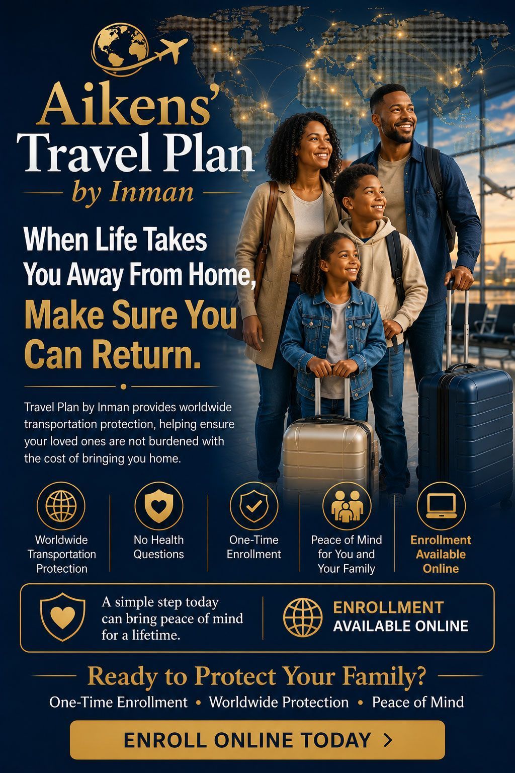 Aikens Travel Plan ad with family by airport luggage, promoting online enrollment and return-home protection