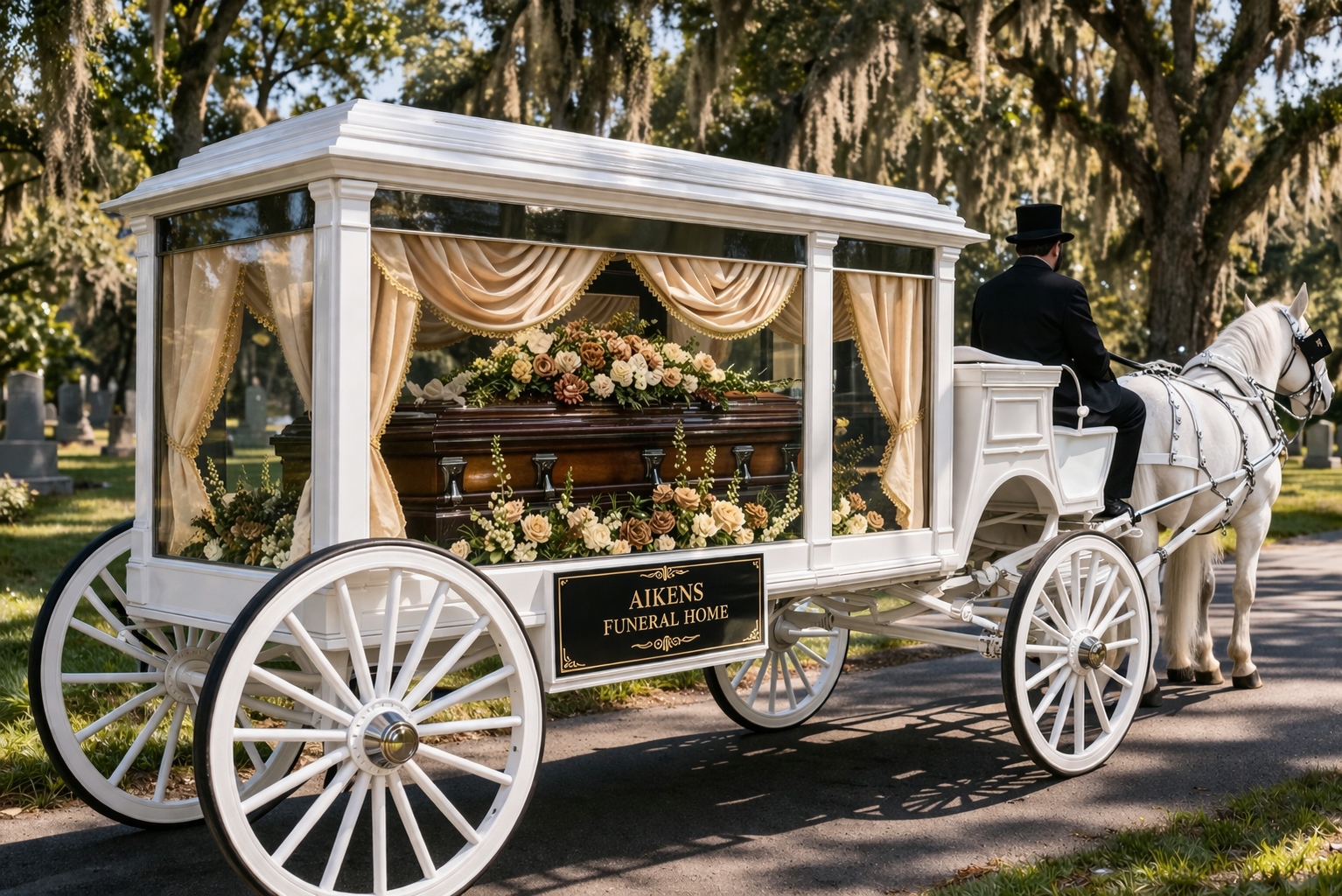 Horse-drawn red carriage with black top; horse wearing harness stands on paved path near green grass and trees.
