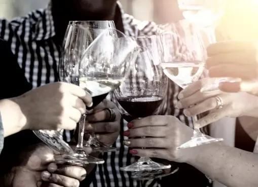 People toasting with red wine glasses outdoors in sunlight.