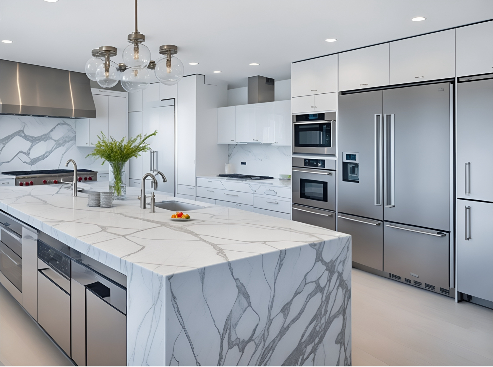 Modern white kitchen with marble island, stainless steel appliances, and pendant lighting