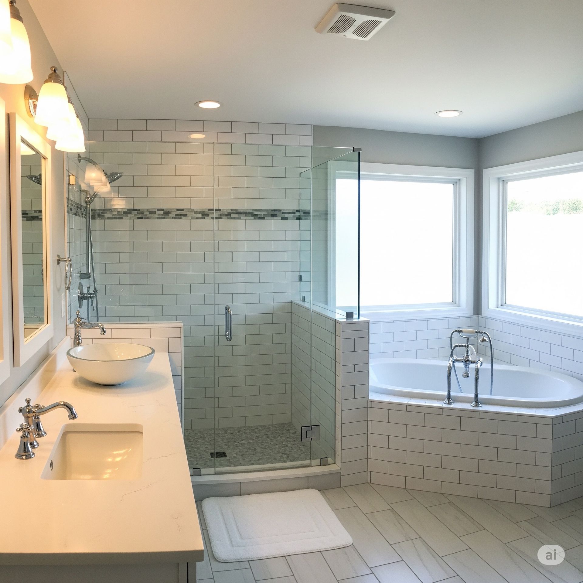 Bright modern bathroom with double vanity, glass shower, and white soaking tub by large windows