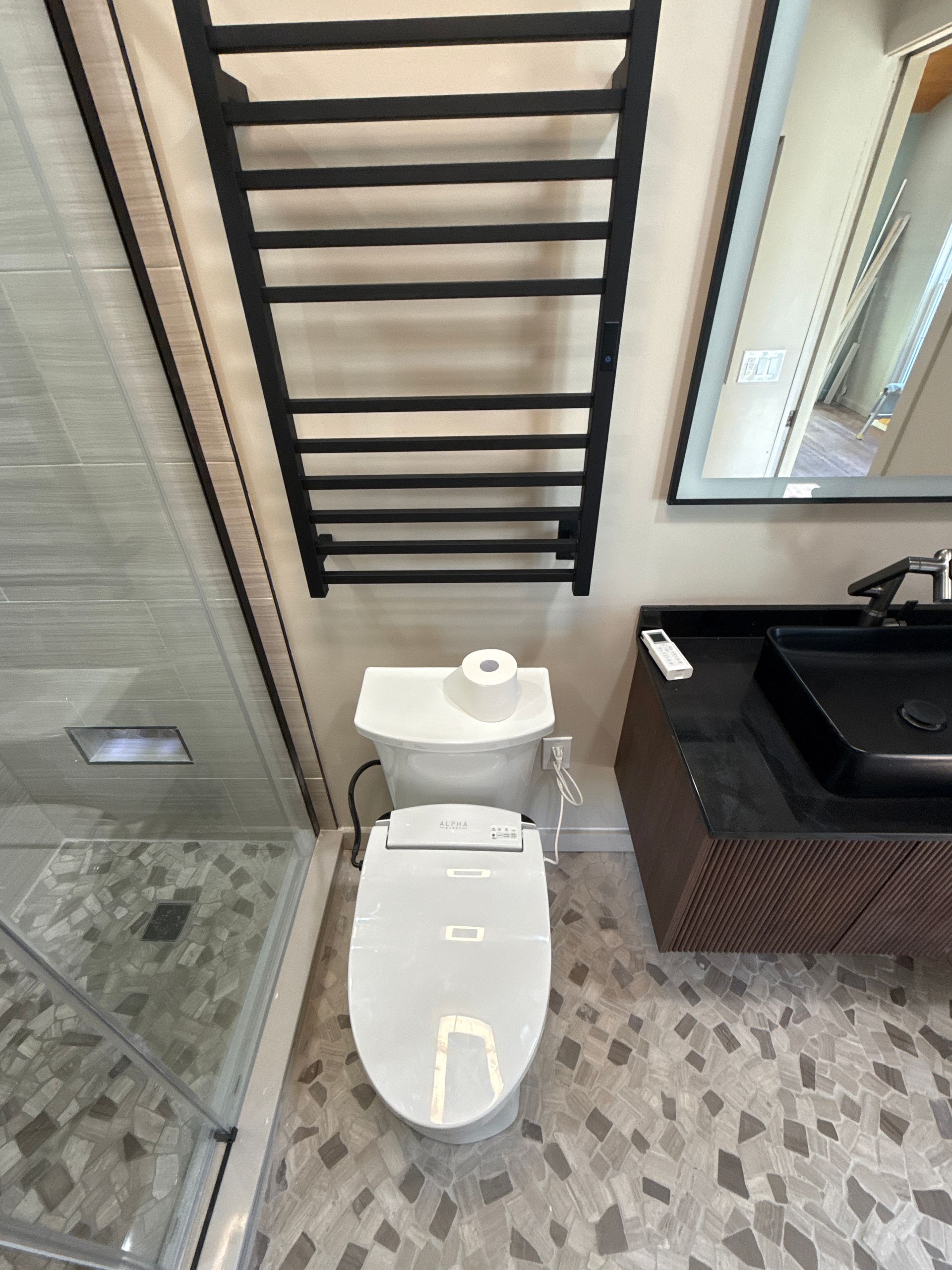 Small bathroom with toilet, black sink, wall mirror, and ladder-style towel rack.