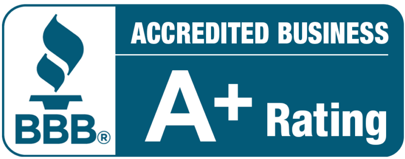 BBB Accredited Business logo with A+ Rating. Dark blue and white design.