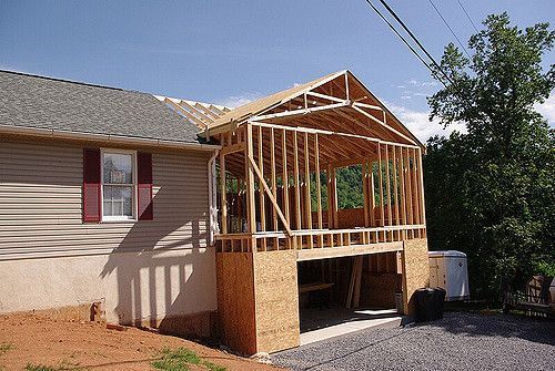 Wood framing of a house under construction, sitting atop a concrete foundation, with lumber piles.