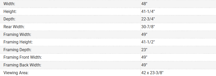 A table showing the dimensions of a picture frame.