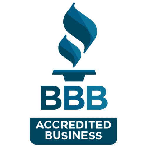 The bbb logo is an accredited business with a flame coming out of it.