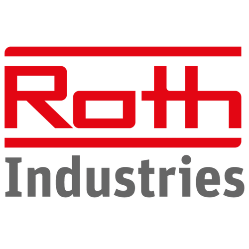 A red and white logo for roth industries