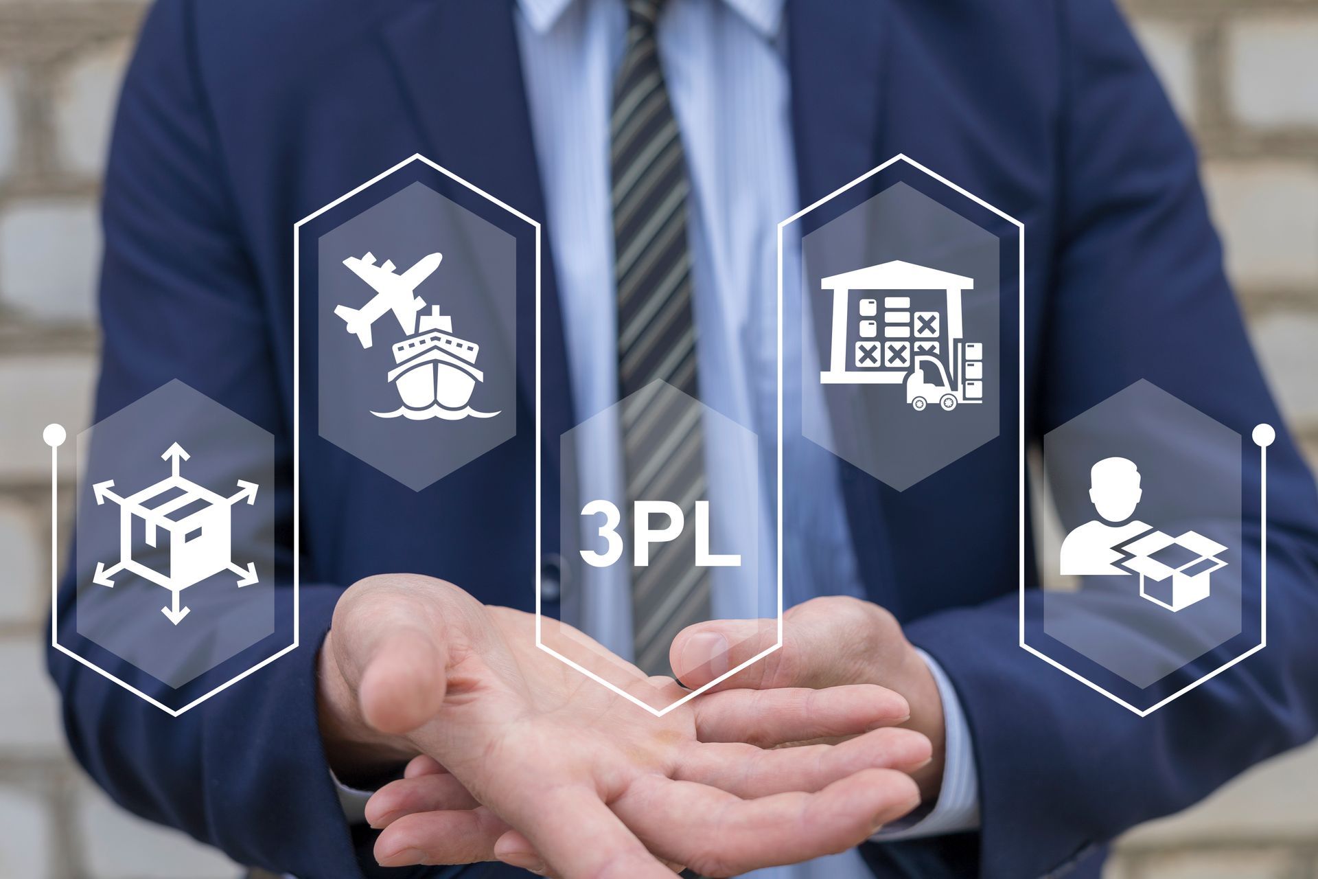 Businessman using virtual interface representing the concept of outsourcing shipping and warehousing