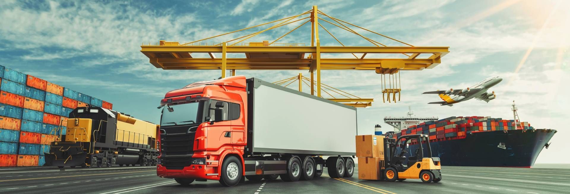 Shipping containers, train, truck, ship, and plane depicted as types of multimodal transport.