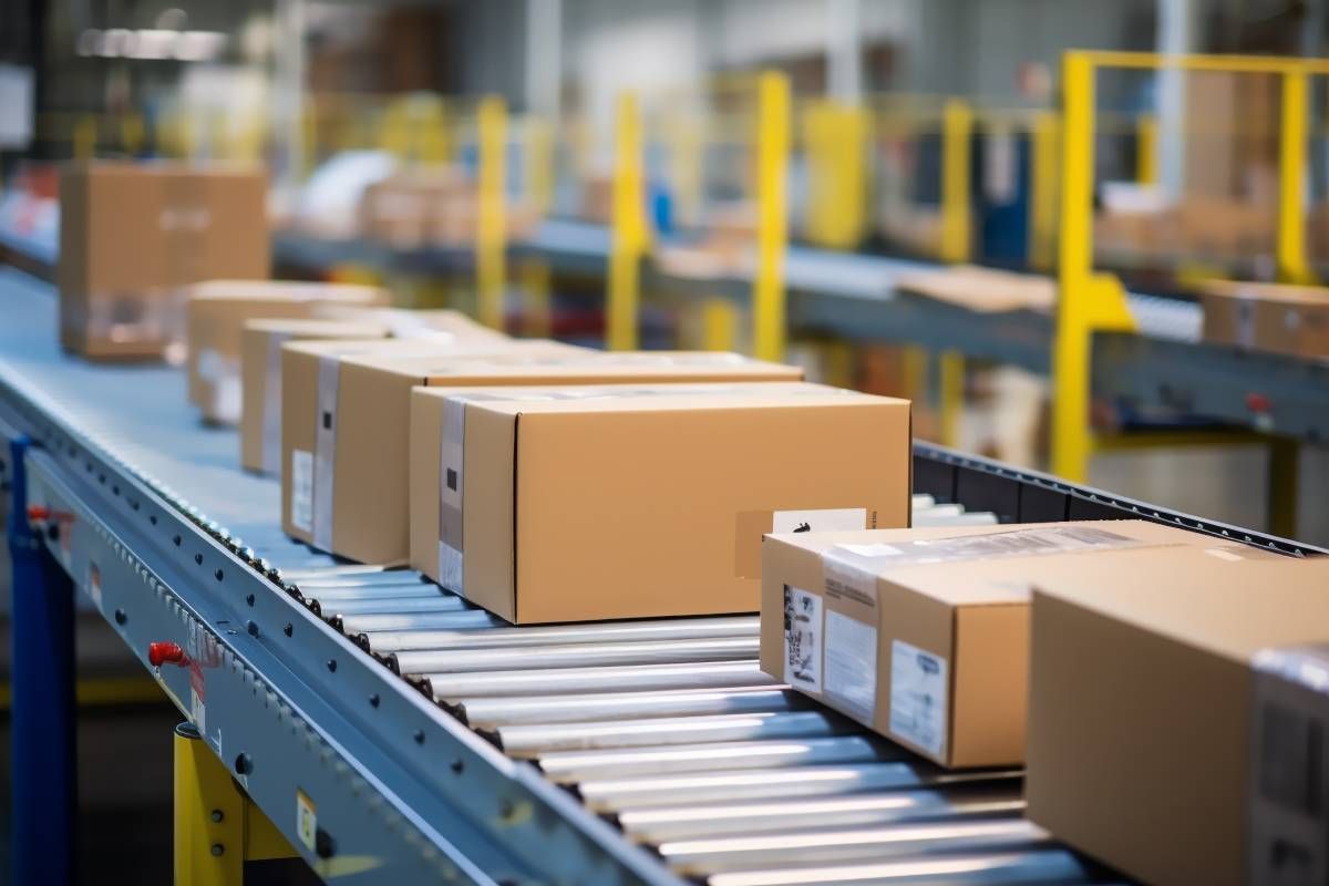 Conveyor belt loaded with cardboard boxes in a warehouse near Nicholasville, KY