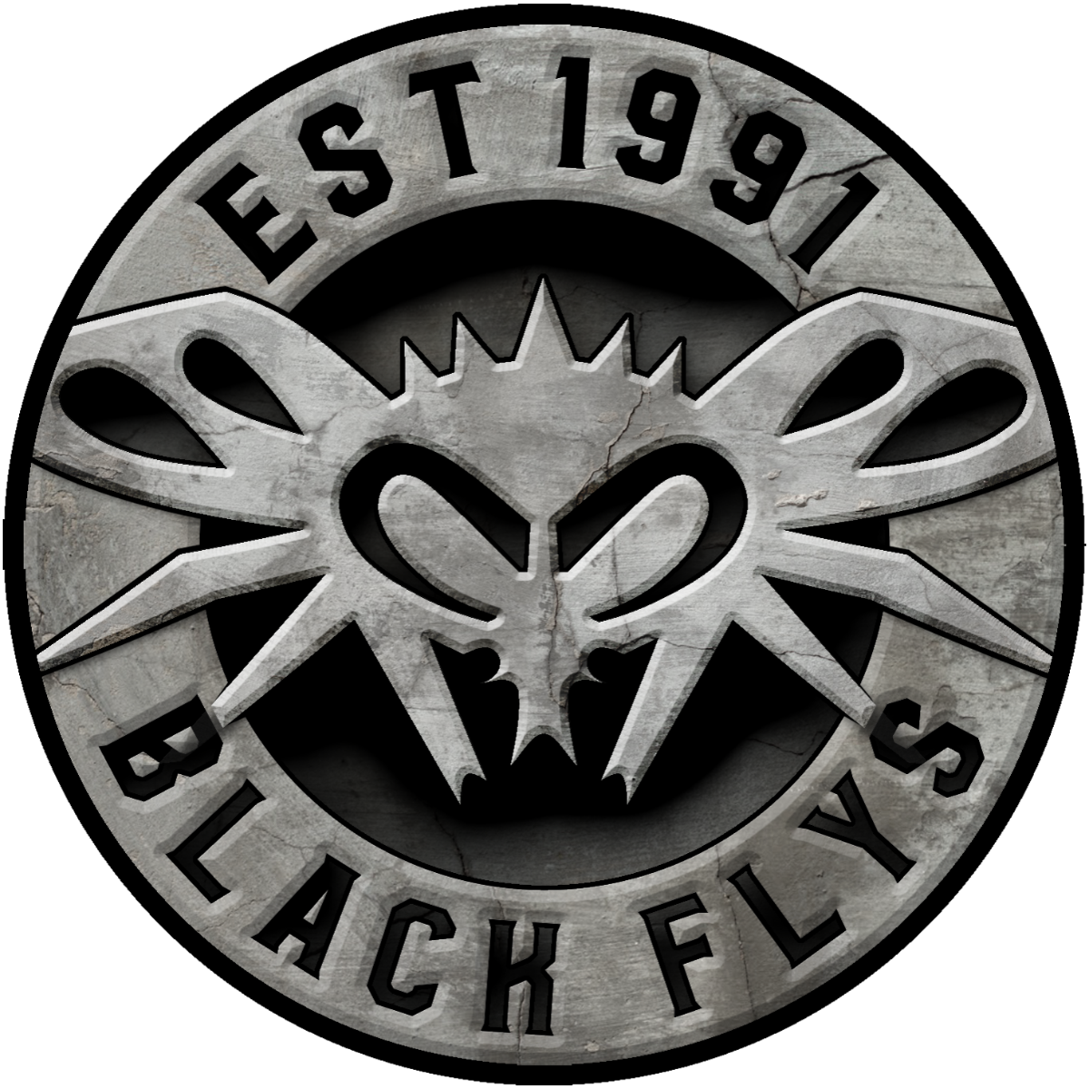 Black Flys logo in gray and black with stylized insect and “EST 1991” text