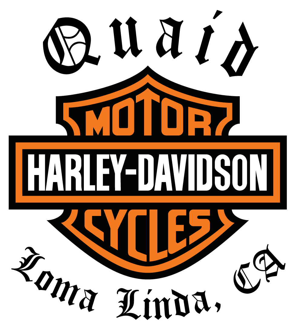 Harley-Davidson Motor Cycles logo with Quaid and Loma Linda, CA text in black and orange