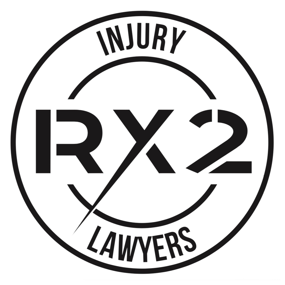 RX2 Lawyers injury logo in black and white with circular text and stylized “RX2” lettering