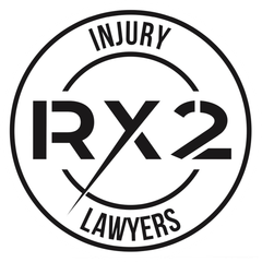 RX2 Lawyers injury logo in black and white with circular text and stylized “RX2” lettering