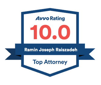 Avvo rating badge: 10.0, Ramin Joseph Raiszadeh, Top Attorney in blue and red