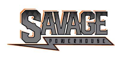Savage Powerhouse logo in gray, orange, and black with bold stylized lettering