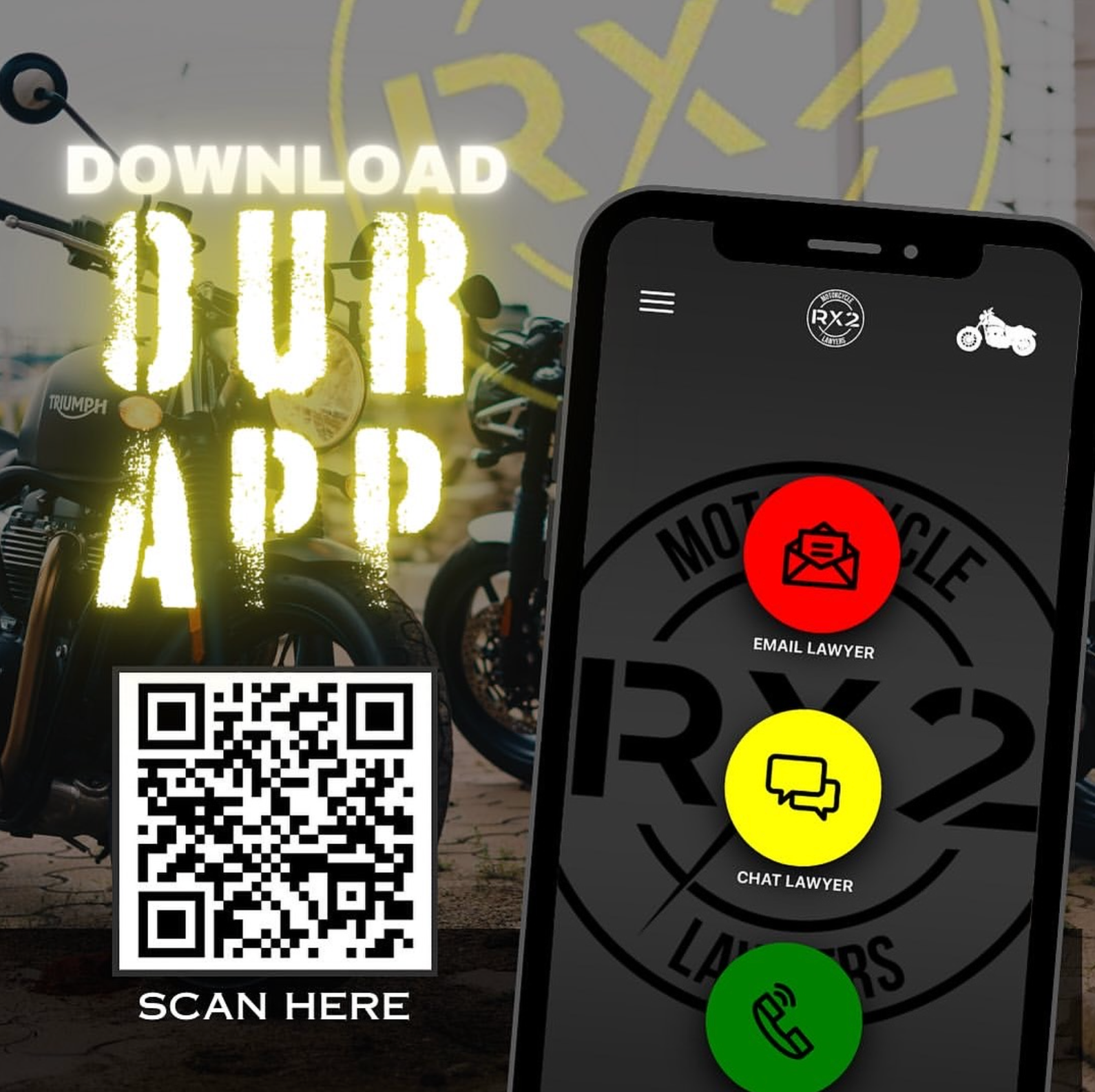Promotional graphic with motorcycle and phone app, “Download Our App” text, QR code, and “Scan Here” label