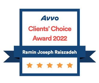 Avvo Clients’ Choice Award 2022 badge with blue border and five gold stars for Ramin Joseph Raiszadeh