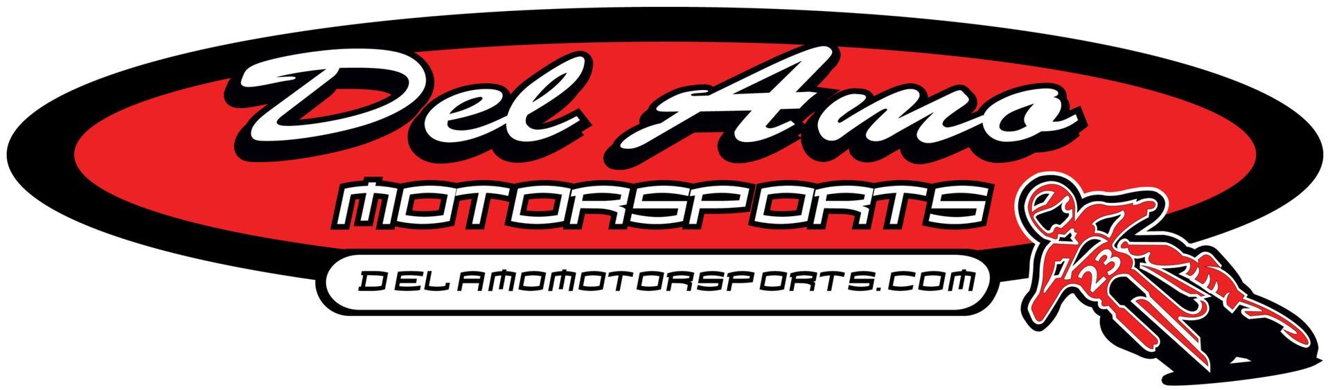 Del Amo Motorsports logo in red, black, and white with motorcycle graphic and website text