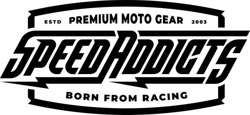 Speed Addicts logo with “Premium Moto Gear,” “Est. 2003,” and “Born from Racing” in black and white
