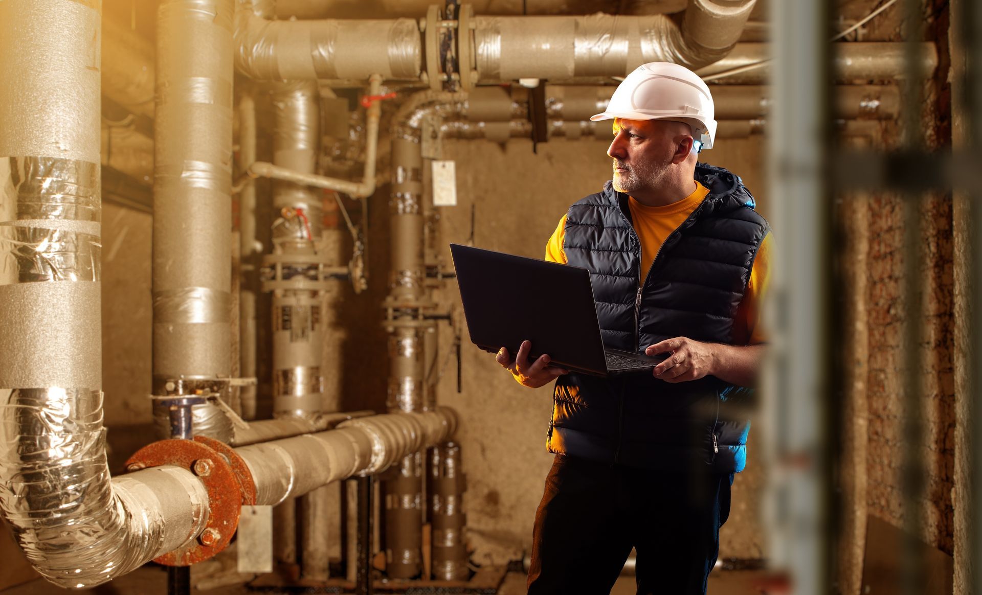 Worker in hard hat using a laptop beside industrial pipes in a factory setting