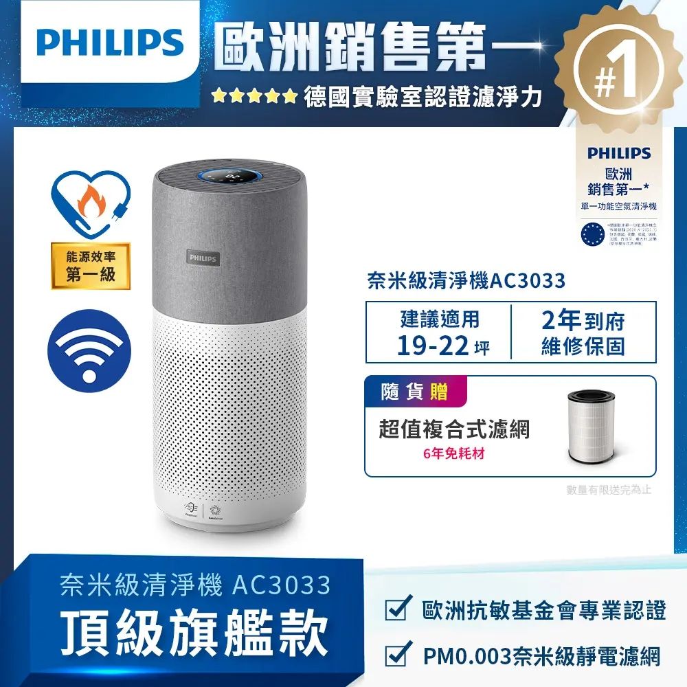 Philips飛利浦 奈米級空氣清淨機★隨貨附贈濾網適用22坪 (AC3033/86)