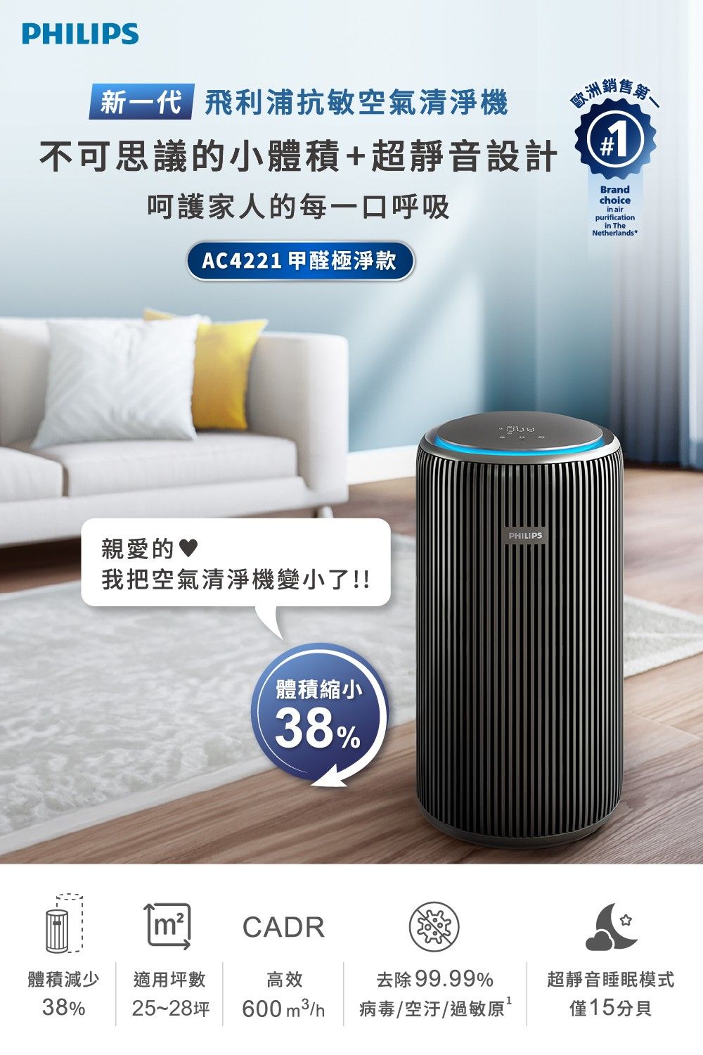 Philips 飛利浦 飛利浦除甲醛抗敏奈米級空氣清淨機★隨貨附贈1組濾網(AC4221/81)-適用28坪