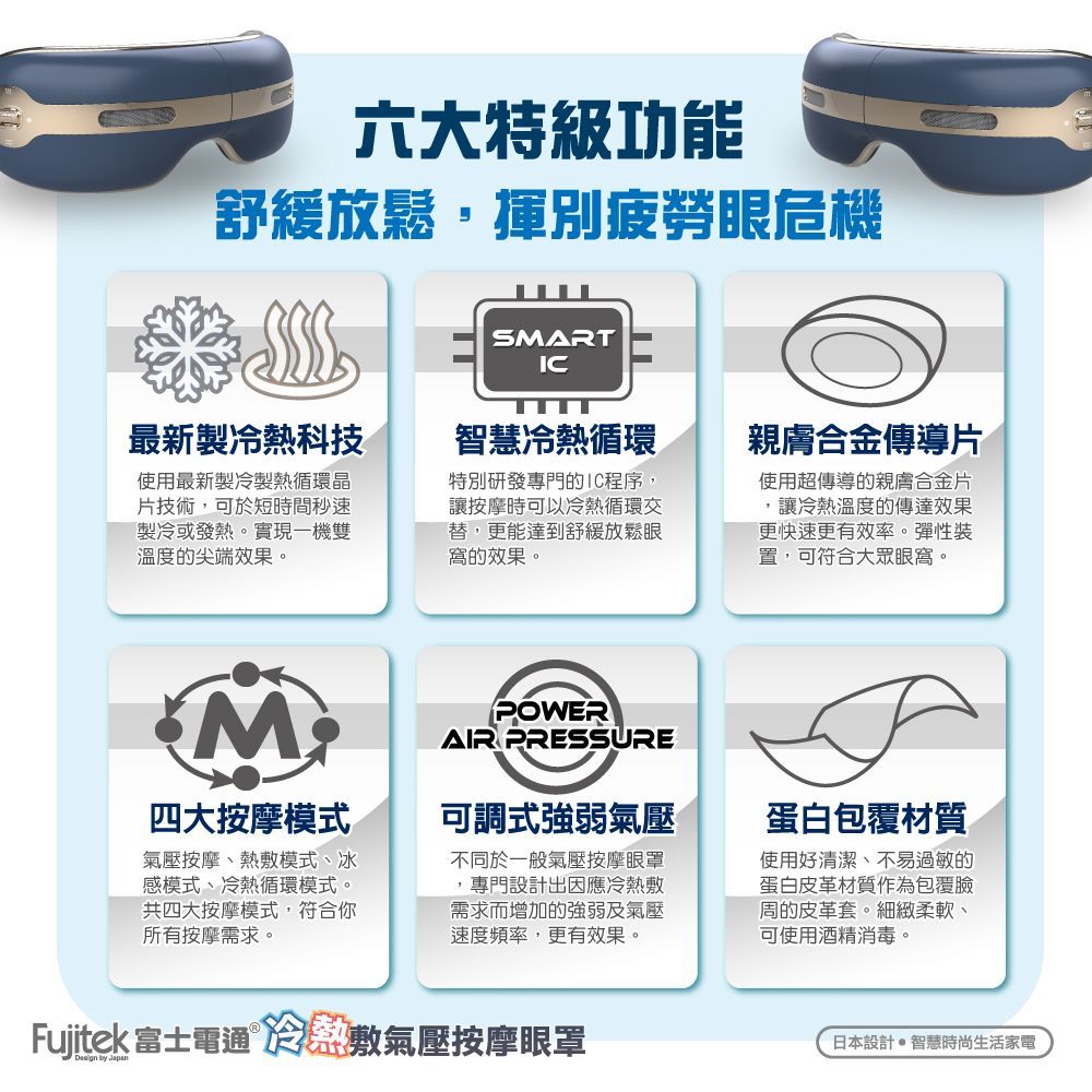 【Fujitek 富士電通】冷熱敷氣壓按摩眼罩 FTM-BE100 (冰敷熱敷/氣壓按摩/音樂播放) 大理石白