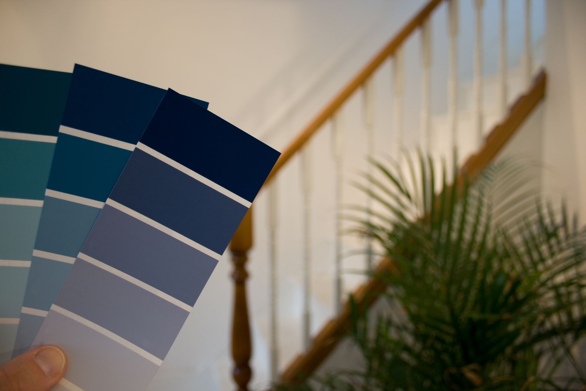 Hand holding blue-gray paint swatches in a stairwell with a potted plant.