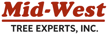 Logo for Mid-West Tree Experts, Inc. with dark red text above a thin, red line, and outlined text below.