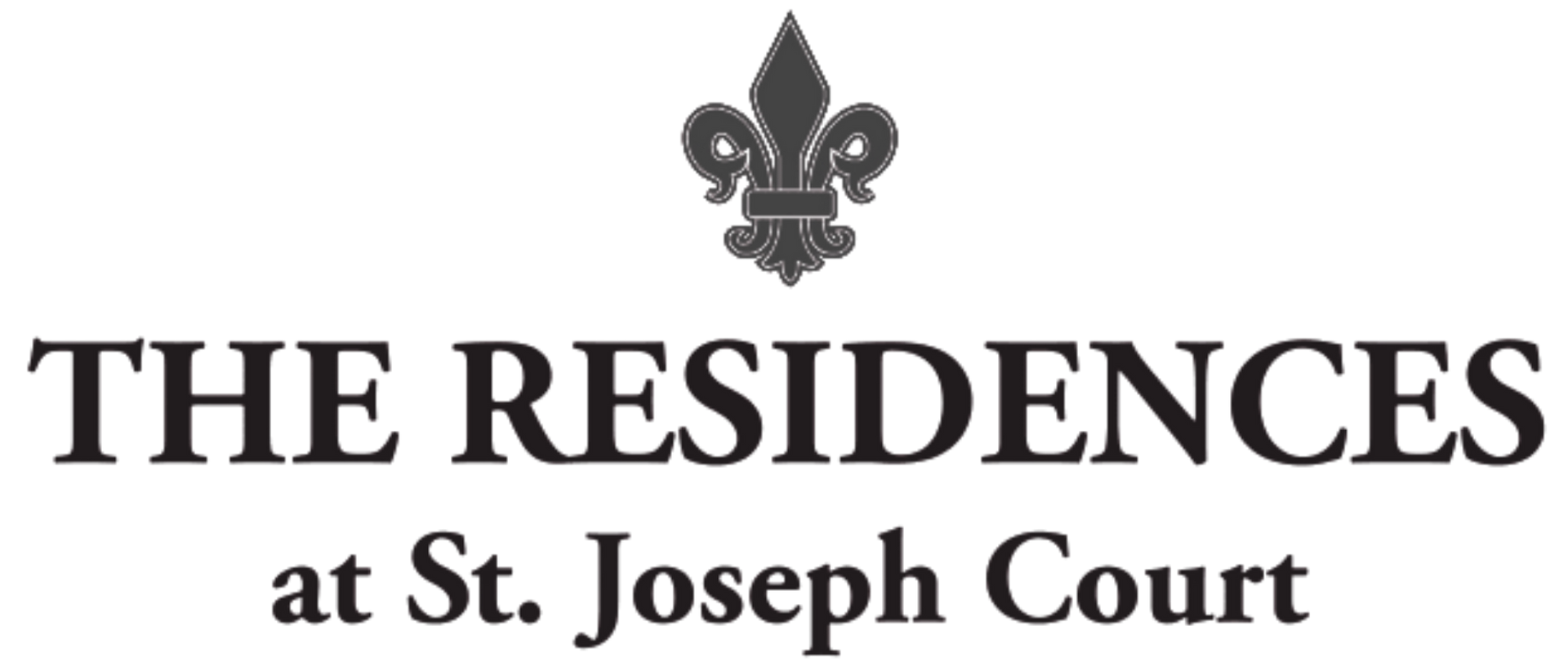 Logo for The Residences at St. Joseph Court; dark green oval with gold trim, white text, and gold fleur-de-lis icon.