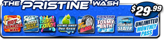 A sign for the pristine wash with a price of $ 29.99