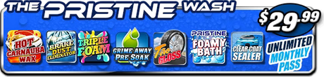 A sign for the pristine wash with a price of $ 29.99