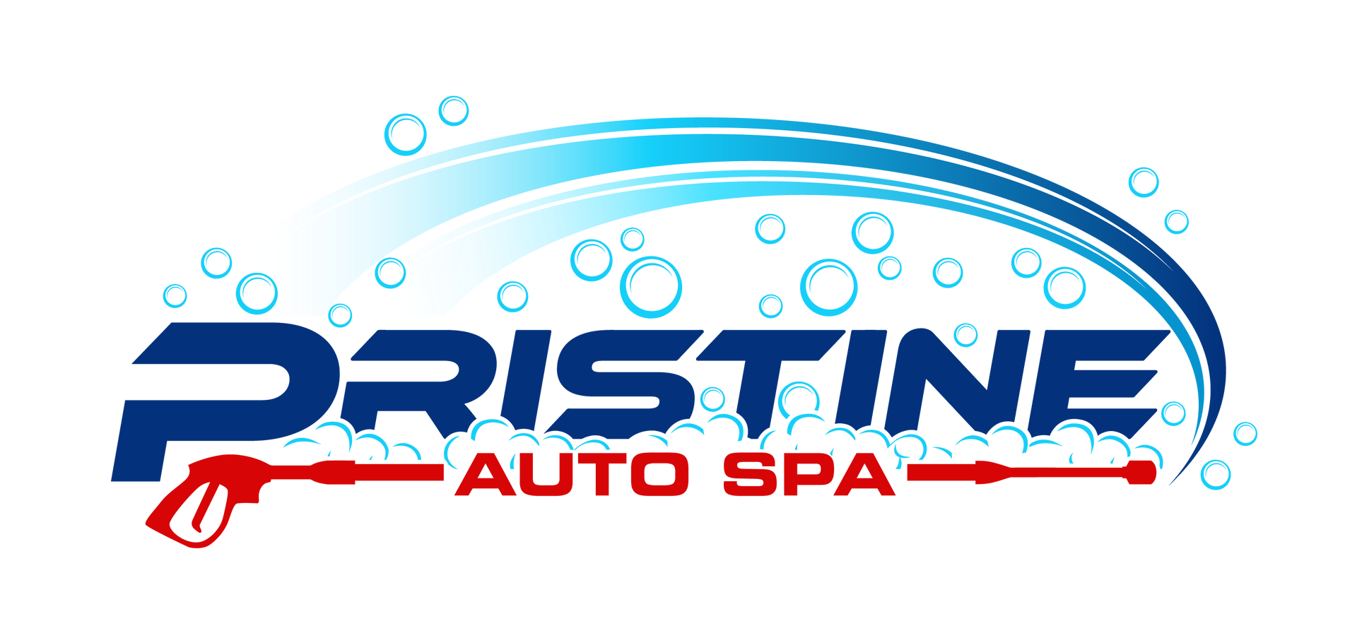 Pristine Auto Spa logo with blue and red text, water bubbles, and a car outline