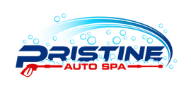 Pristine Auto Spa logo with blue and red text, water bubbles, and a car outline