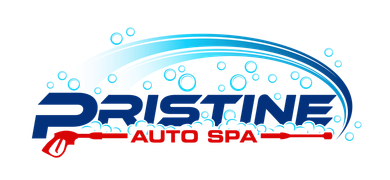 A logo for pristine auto spa with bubbles and a high pressure washer.