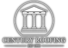 Century Roofing logo: Classic building with three columns inside a circle, with text "CENTURY ROOFING" and "EST 1990."
