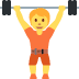 Cartoon weightlifter in orange lifting a barbell overhead on a white background