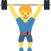 Cartoon weightlifter in blue and yellow raising a barbell overhead, smiling on a white background