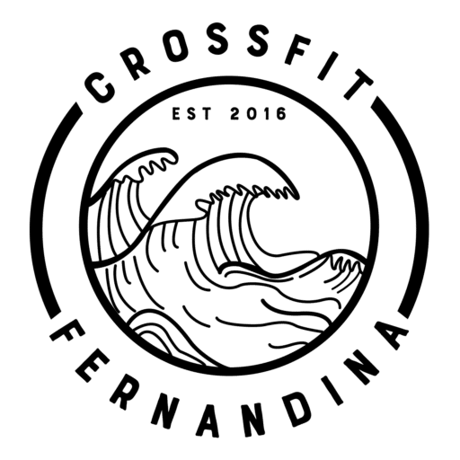 CrossFit Fernandina logo with stylized wave, circular black-and-white design, EST 2016